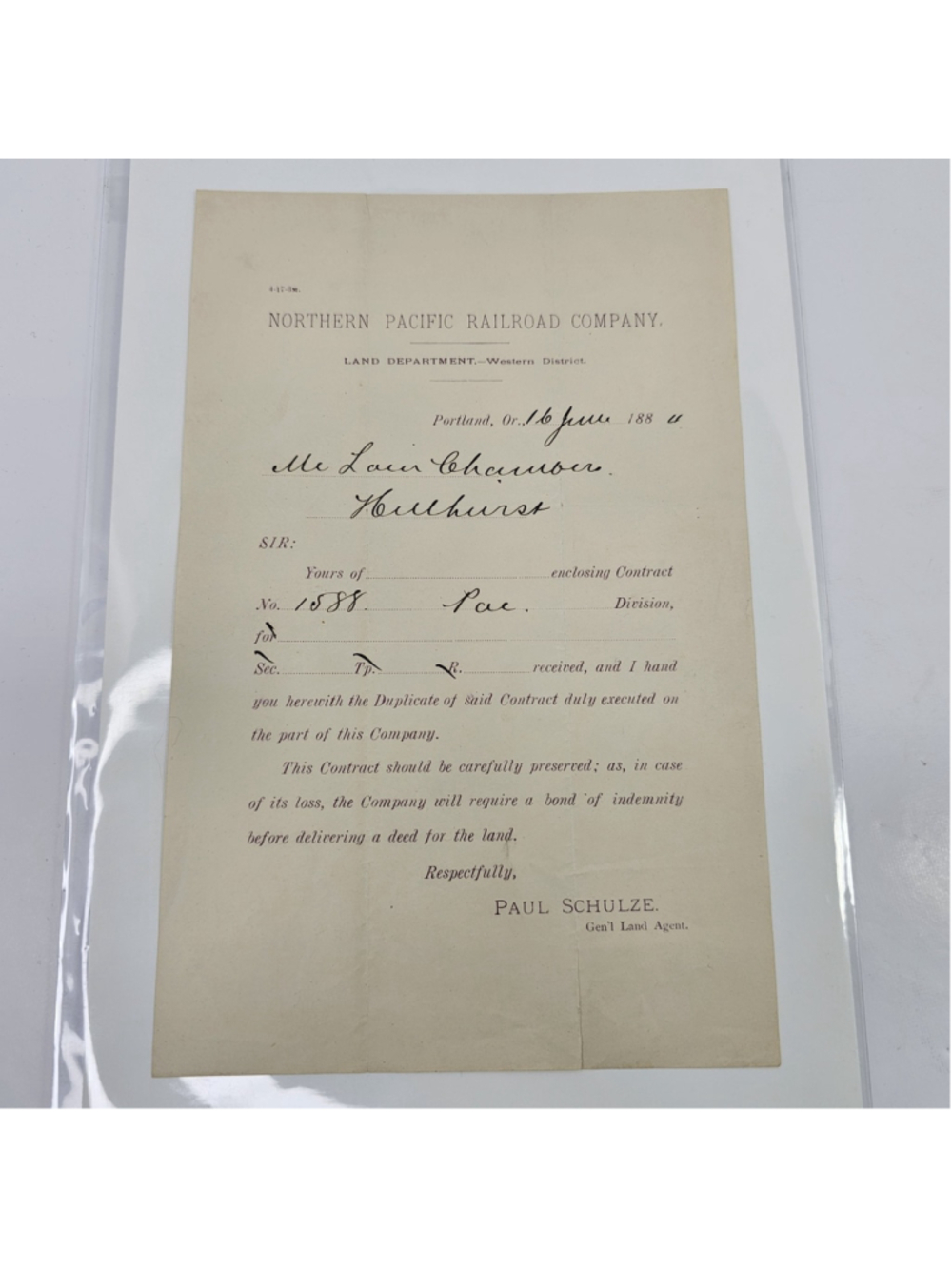 1884 Northern Pacific Railroad Land Dept Letter Portland OR Paul Schulze RR